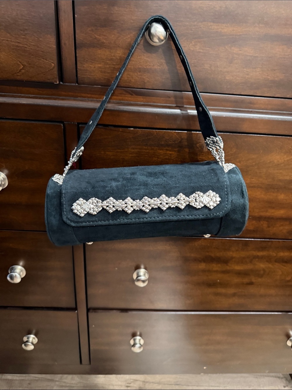 Sergio Gutierrez Elegant Black Suede Rhinestone-Trim Cylinder Shoulder Bag